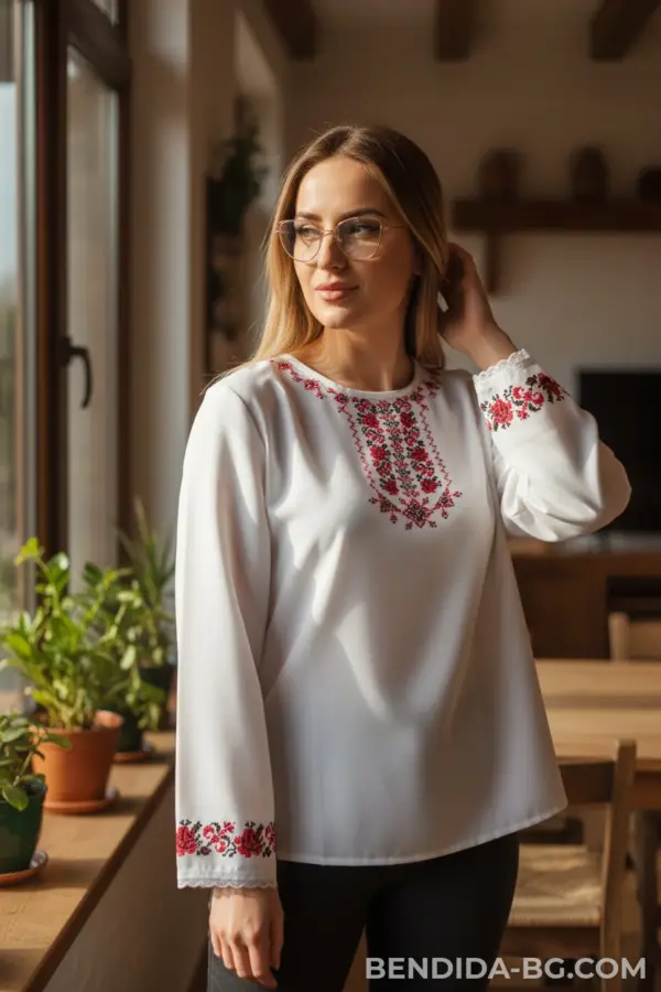 Стилна къса дамска риза с фолклорни мотиви