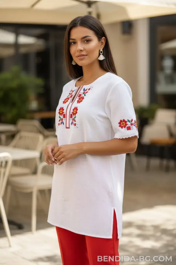 Кенарена дамска риза с къс ръкав – 100% бродерия