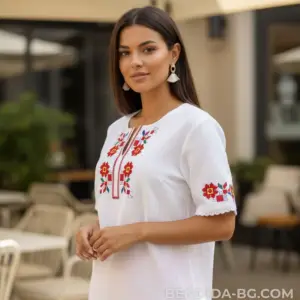 Кенарена дамска риза с къс ръкав – 100% бродерия
