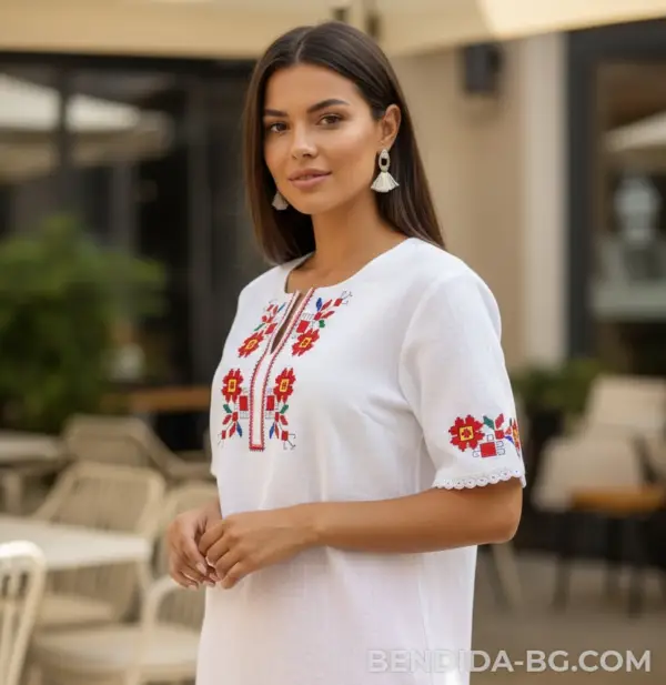 Кенарена дамска риза с къс ръкав – 100% бродерия