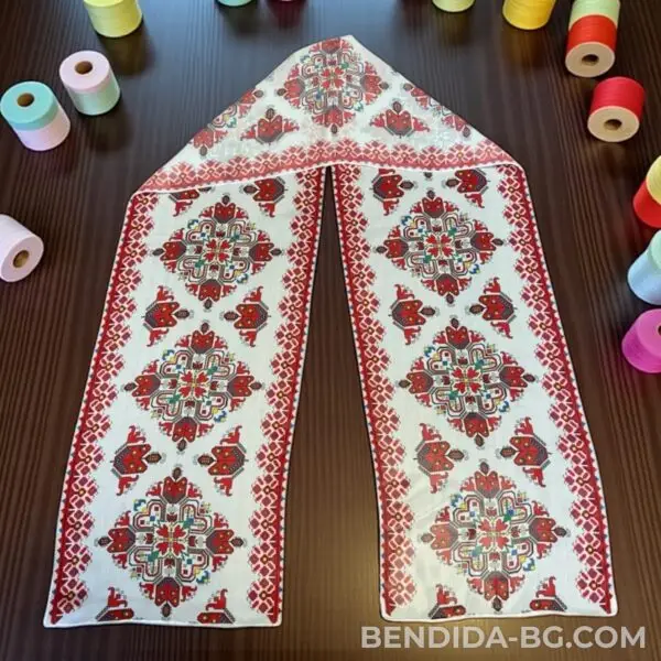 Елегантен шифонен шал с фолклорни шевици „Момина хубост“ 24/148 см.