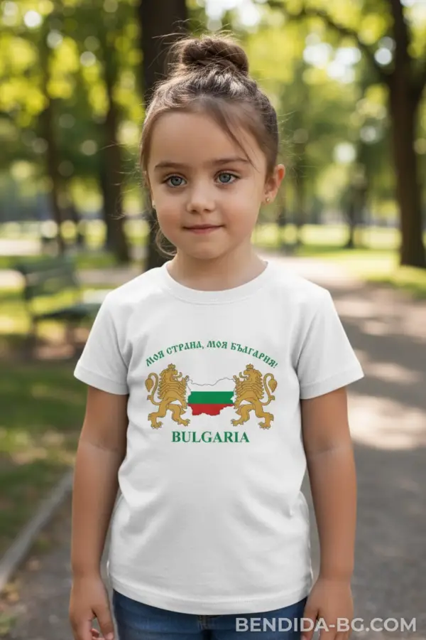 Детска бяла тениска с надпис "Моя страна моя България"