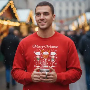Коледна мъжка червена ватирана блуза с чаши за вино и надпис „Merry Christmas“