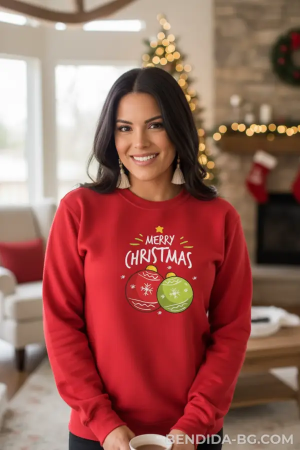 Коледна дамска ватирана червена блуза с надпис „Merry Christmas“ и празнични играчки