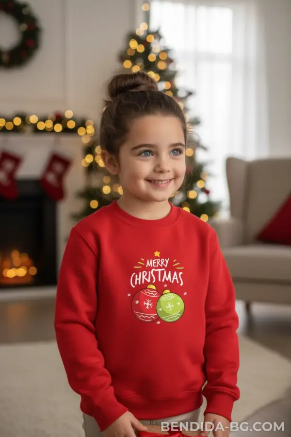 Детска коледна червена ватирана блуза с надпис „Merry Christmas“ и празнични играчки- за момиче и момче