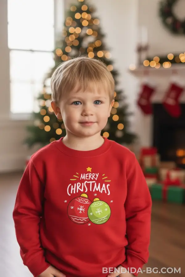 Детска коледна червена ватирана блуза с надпис „Merry Christmas“ и празнични играчки- за момиче и момче