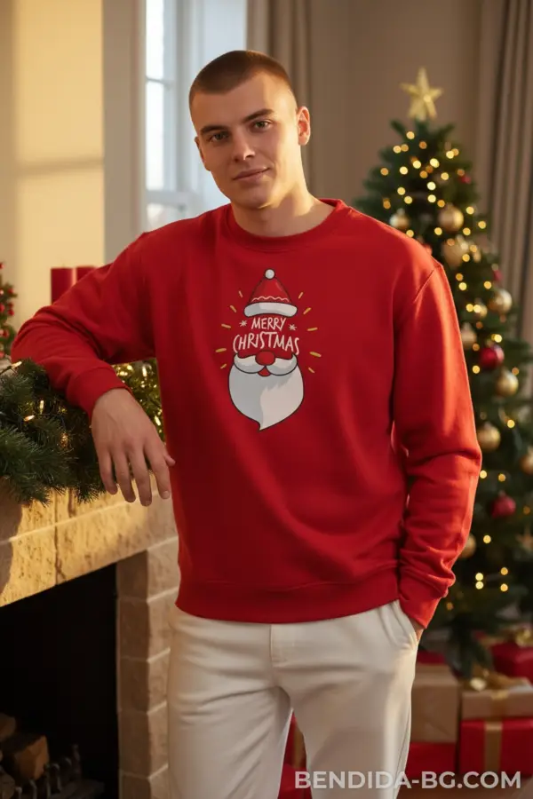 Коледна мъжка червена ватирана блуза с надпис „Merry Christmas“