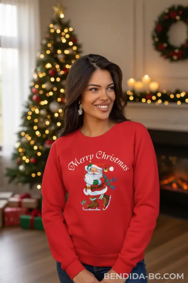 Коледна дамска ватирана червена блуза с Дядо Коледа и надпис „Merry Christmas“