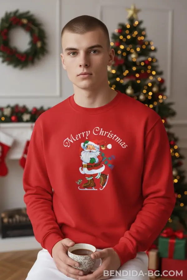 Коледна мъжка червена ватирана блуза с Дядо Коледа и надпис „Merry Christmas“