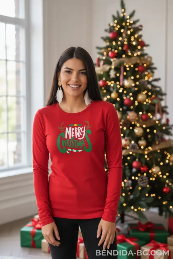 Коледна дамска червена блуза с надпис „Merry Christmas“ и рога на еленче