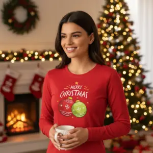 Коледна дамска червена блуза с надпис „Merry Christmas“ и празнични играчки
