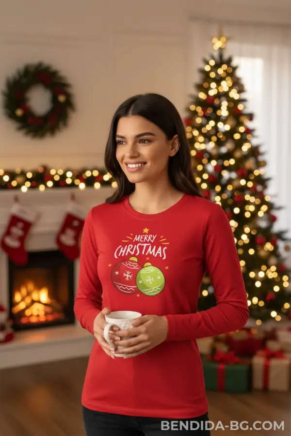 Коледна дамска червена блуза с надпис „Merry Christmas“ и празнични играчки