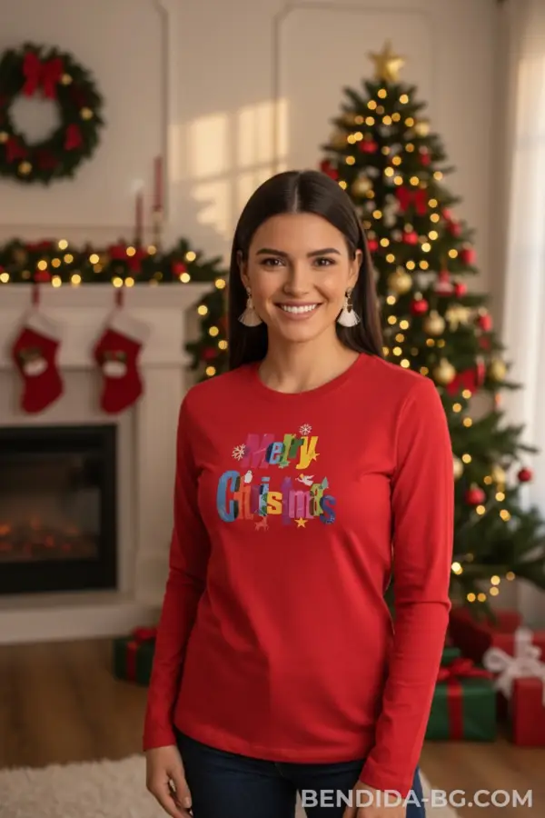 Коледна дамска червена блуза „Merry Christmas“ с цветна щампа