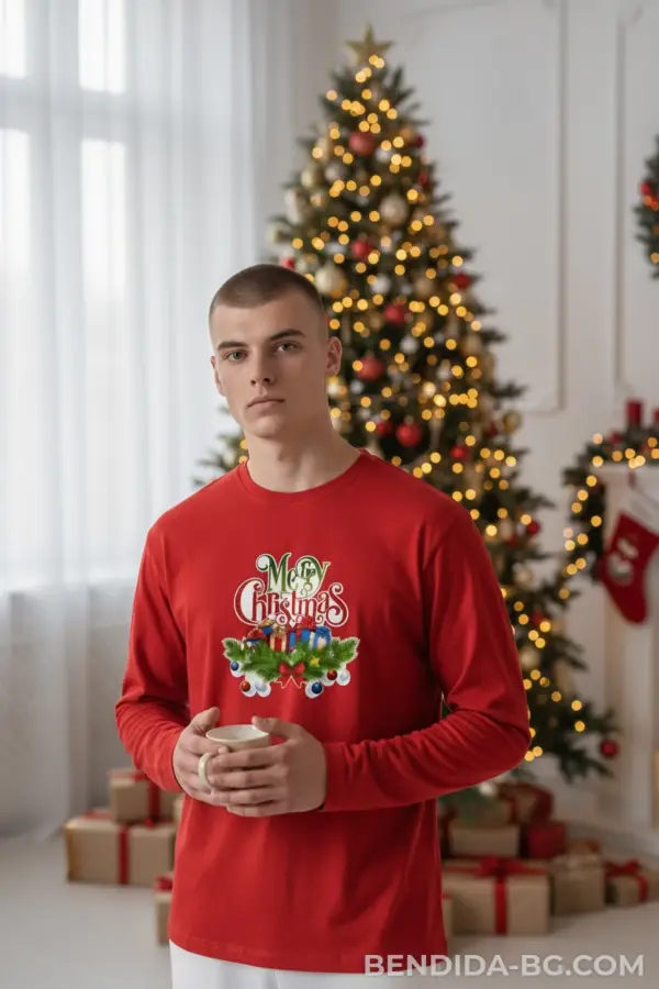 Коледна мъжка червена блуза с празничен венец и надпис „Merry Christmas“