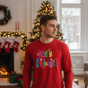 Коледна мъжка червена блуза с надпис „Merry Christmas“