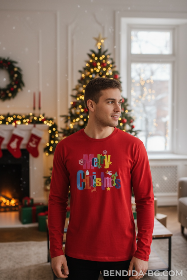Коледна мъжка червена блуза с надпис „Merry Christmas“