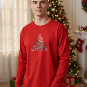 Коледна мъжка червена блуза с елха и надпис „Merry Christmas“