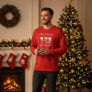 1760624569778846.jpg Коледна мъжка червена блуза с чаши за вино и надпис „Merry Christmas“