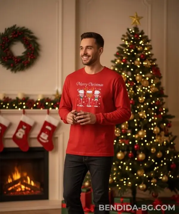 Коледна мъжка червена блуза с чаши за вино и надпис „Merry Christmas“
