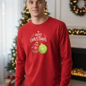 Коледна мъжка червена блуза с надпис „Merry Christmas“ и празнични играчки