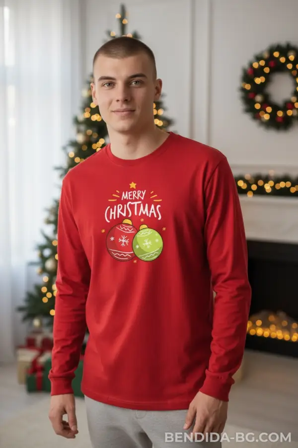 Коледна мъжка червена блуза с надпис „Merry Christmas“ и празнични играчки
