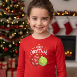 Детска коледна червена блуза с надпис „Merry Christmas“ и празнични играчки- за момиче и момче