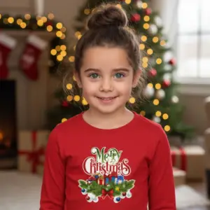 Детска коледна червена блуза с празничен венец и надпис „Merry Christmas“- за момиче и момче