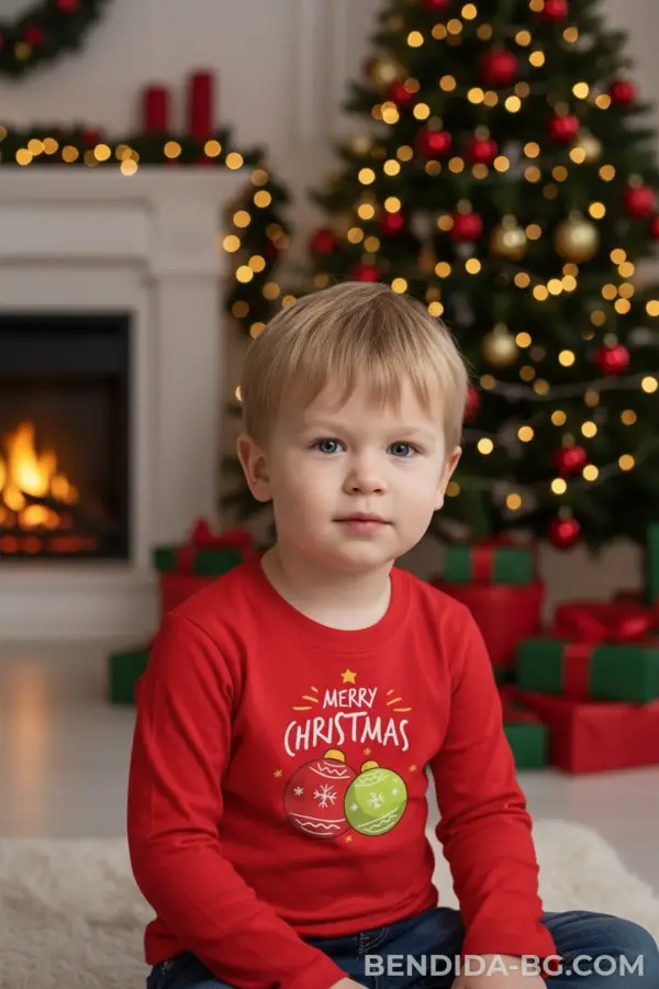 Детска коледна червена блуза с надпис „Merry Christmas“ и празнични играчки- за момиче и момче