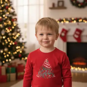 Детска коледна червена блуза с елха и надпис „Merry Christmas“-за момиче и момче