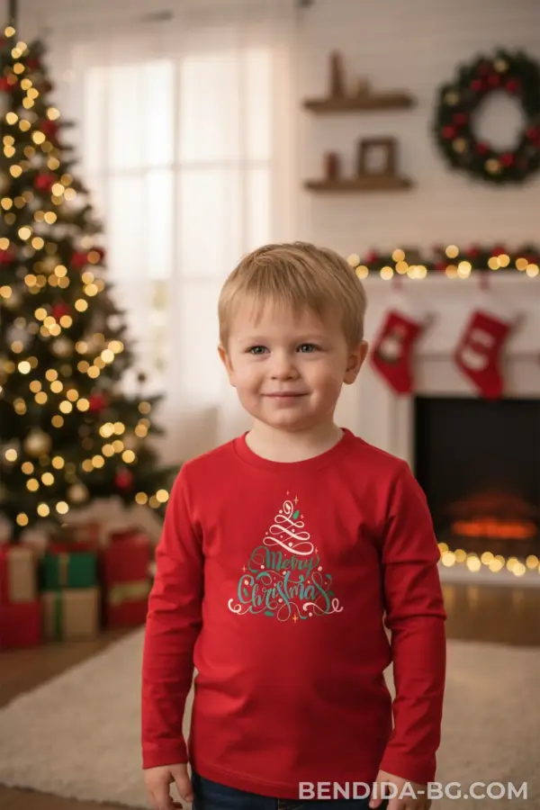 Детска коледна червена блуза с елха и надпис „Merry Christmas“-за момиче и момче