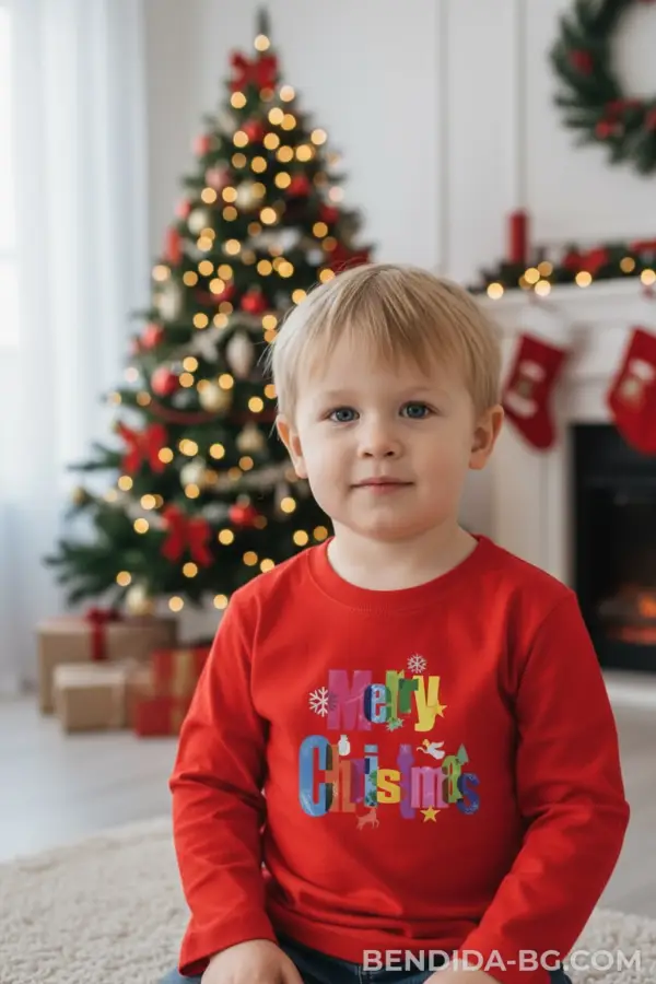 1760626770778190.png Детска коледна червена блуза „Merry Christmas“ с цветна щампа-за момиче и момче