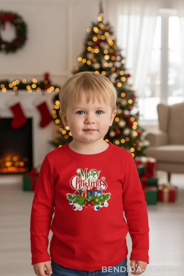 Детска коледна червена блуза с празничен венец и надпис „Merry Christmas“- за момиче и момче