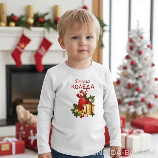 1760635733448209.jpg Детска коледна бяла блуза с празнични подаръци и надпис „Весела Коледа“- за момиче и момче