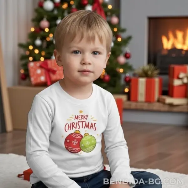 1760635736665843.jpg Детска коледна бяла блуза с надпис „Merry Christmas“ и празнични играчки- за момиче и момче