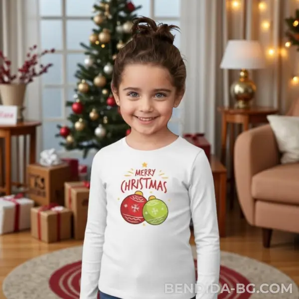 176068079419774.png Детска коледна бяла блуза с надпис „Merry Christmas“ и празнични играчки- за момиче и момче