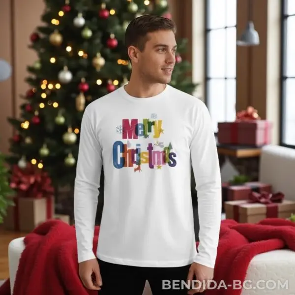 Коледна мъжка бяла блуза с „Merry Christmas“ с цветна щампа