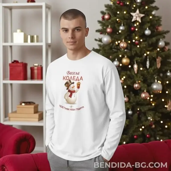 176068672866377.jpg Коледна мъжка бяла блуза със снежен човек и надпис Весела Коледа и Щастлива Нова Година