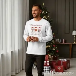 1760686728884029.jpg Коледна мъжка бяла блуза с чаши за вино и надпис „Merry Christmas“