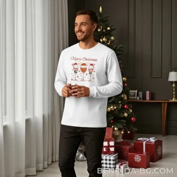 Коледна мъжка бяла блуза с чаши за вино и надпис „Merry Christmas“