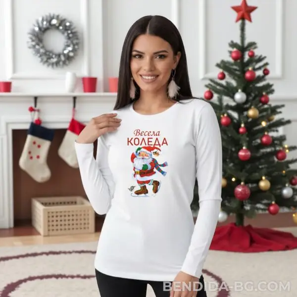 Коледна дамска бяла блуза с Дядо Коледа и надпис „Весела Коледа“