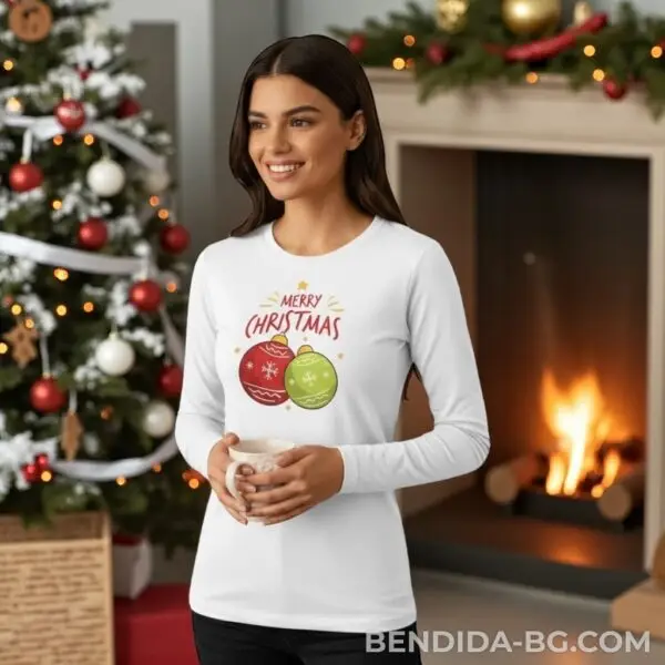 1760694938117012.jpg Коледна дамска бяла блуза с надпис „Merry Christmas“ и празнични играчки