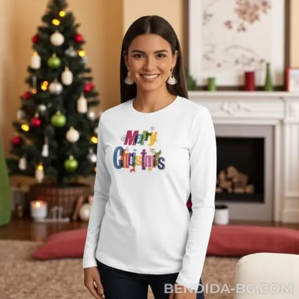 Коледна дамска бяла блуза с „Merry Christmas“ с цветна щампа