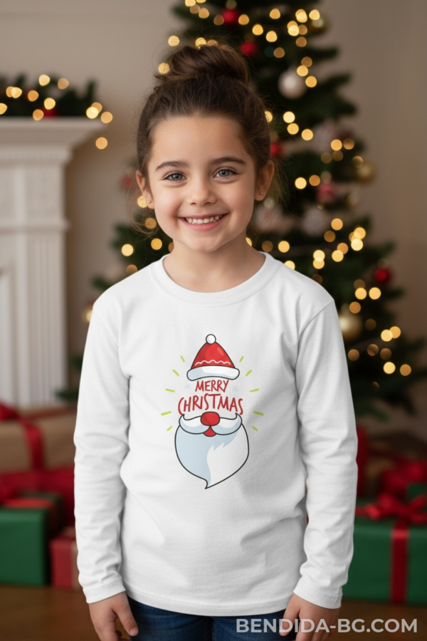 Детска коледна бяла блуза с надпис „Merry Christmas“- за момиче и момче