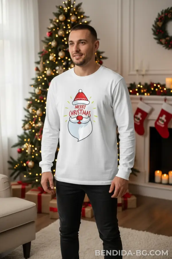 1760697261415707.png Коледна мъжка бяла блуза с надпис „Merry Christmas“