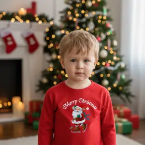 Детска коледна червена блуза с Дядо Коледа и надпис „Merry Christmas“ – за момиче и момче