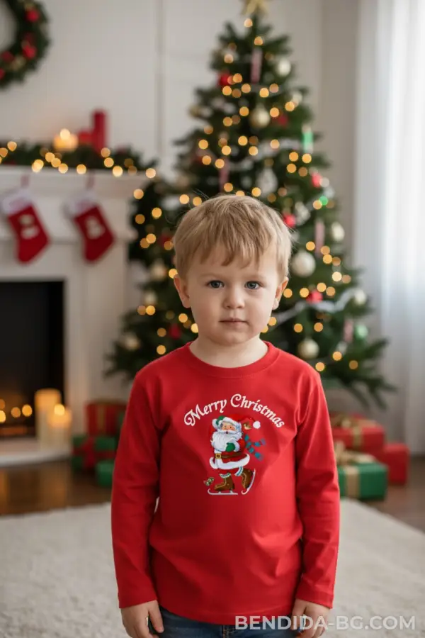 Детска коледна червена блуза с Дядо Коледа и надпис „Merry Christmas“ – за момиче и момче