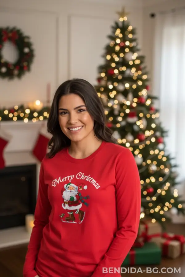 Коледна дамска червена блуза с Дядо Коледа и надпис „Merry Christmas“