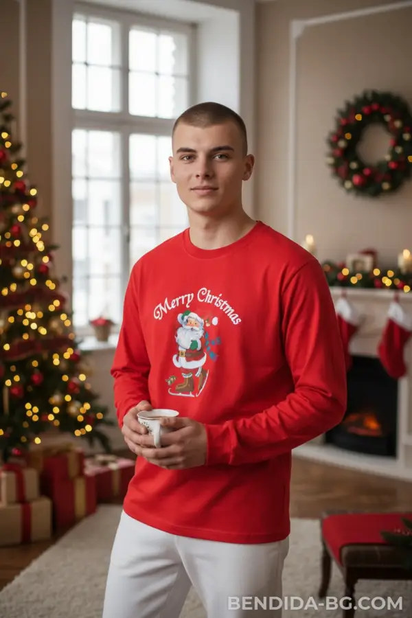 1760697262474039.png Коледна мъжка червена блуза с Дядо Коледа и надпис „Merry Christmas“