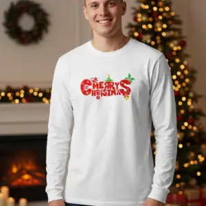 1760697262625880-e1760964547226.png Коледна мъжка бяла блуза „Merry Christmas“ с празнични коледни символи