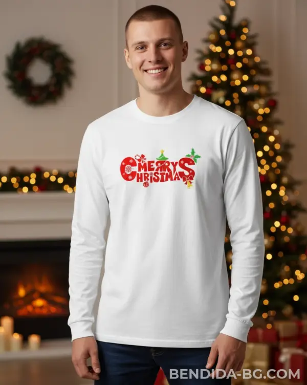 Коледна мъжка бяла блуза „Merry Christmas“ с празнични коледни символи